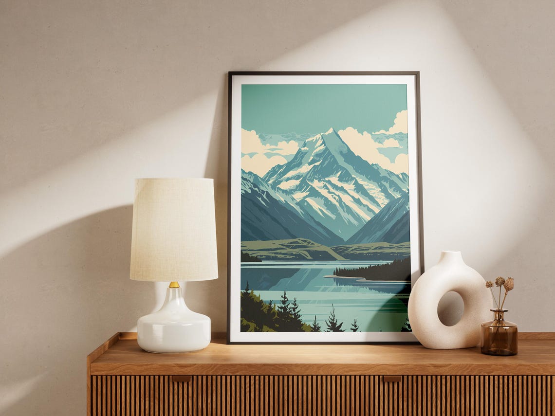 Aoraki Mount Cook Lake Reflection New Zealand Minimalist Art Poster - Image 2
