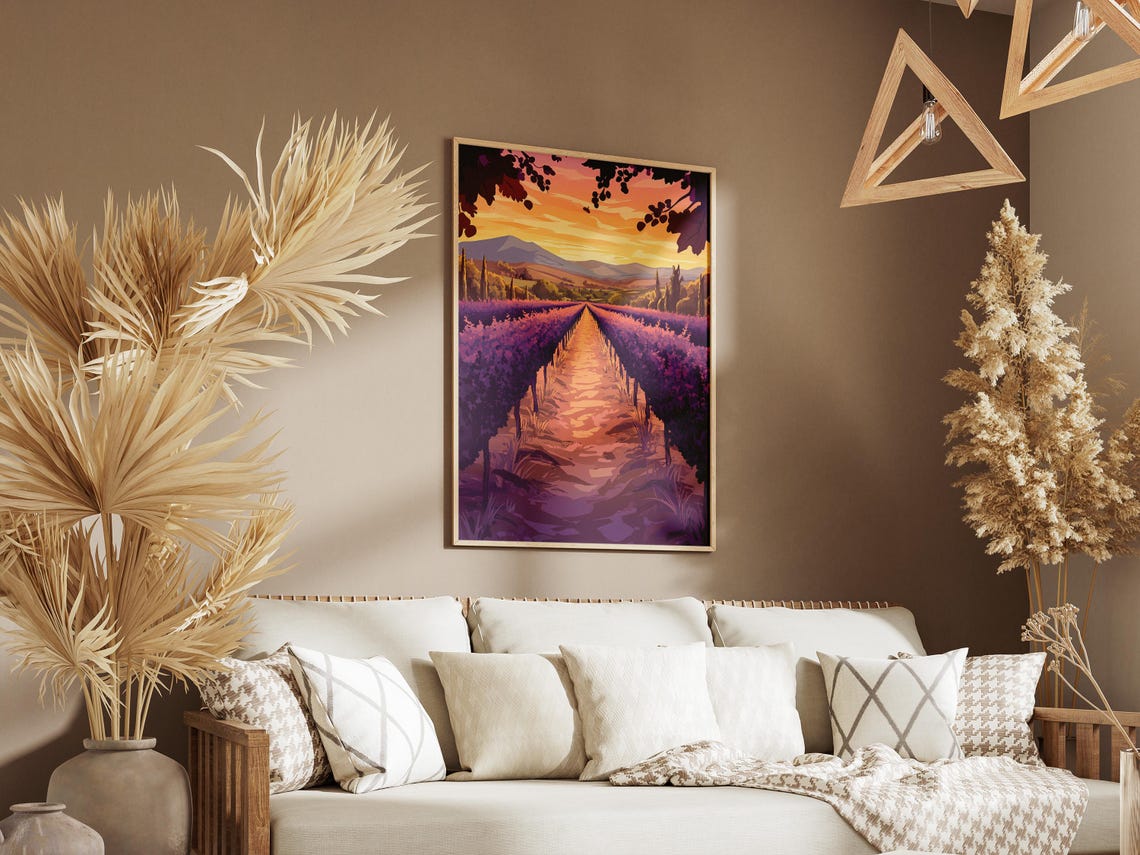 Lavender Vineyard Sunset Landscape Poster Purple Vineyard Dusk French Countryside Art Print Wine Country Decor Vintage Travel Poster - Image 3