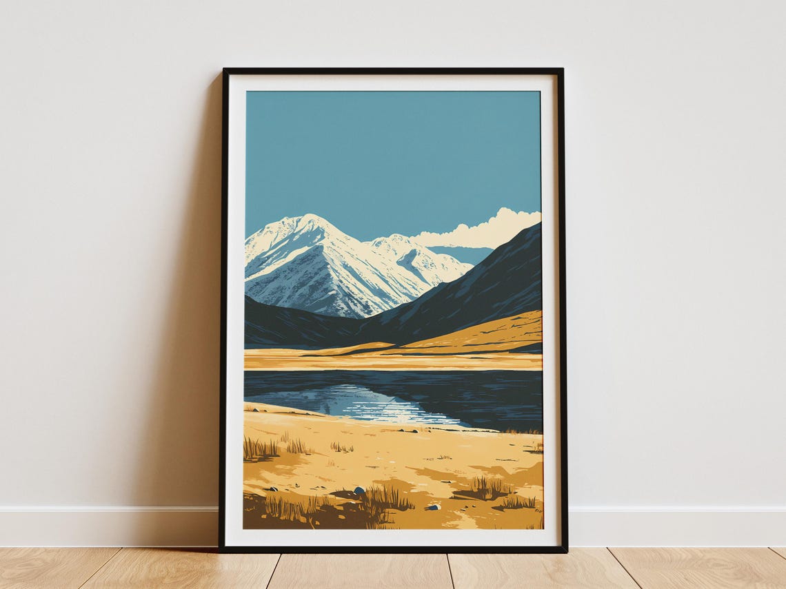 Mongolia Lake Snowy Mountain Peaks Golden Steppe Landscape Poster