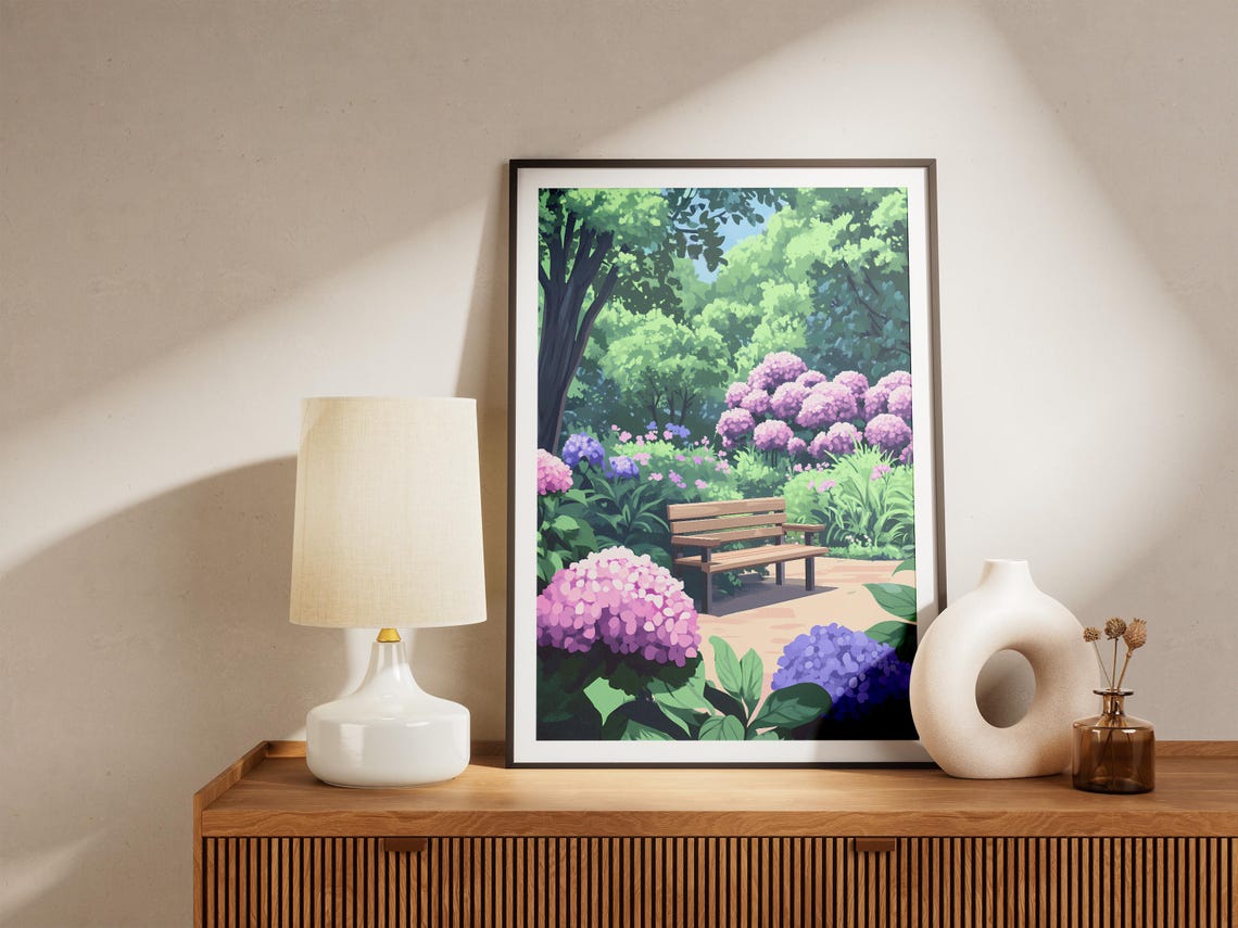 Hydrangea Park Bench Peaceful Summer Garden Retreat Art Poster - Image 5