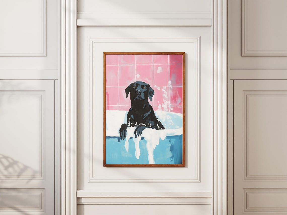 Black Labrador Retriever in Foamy Bathtub Pink Tile Cute Dog Poster - Image 2