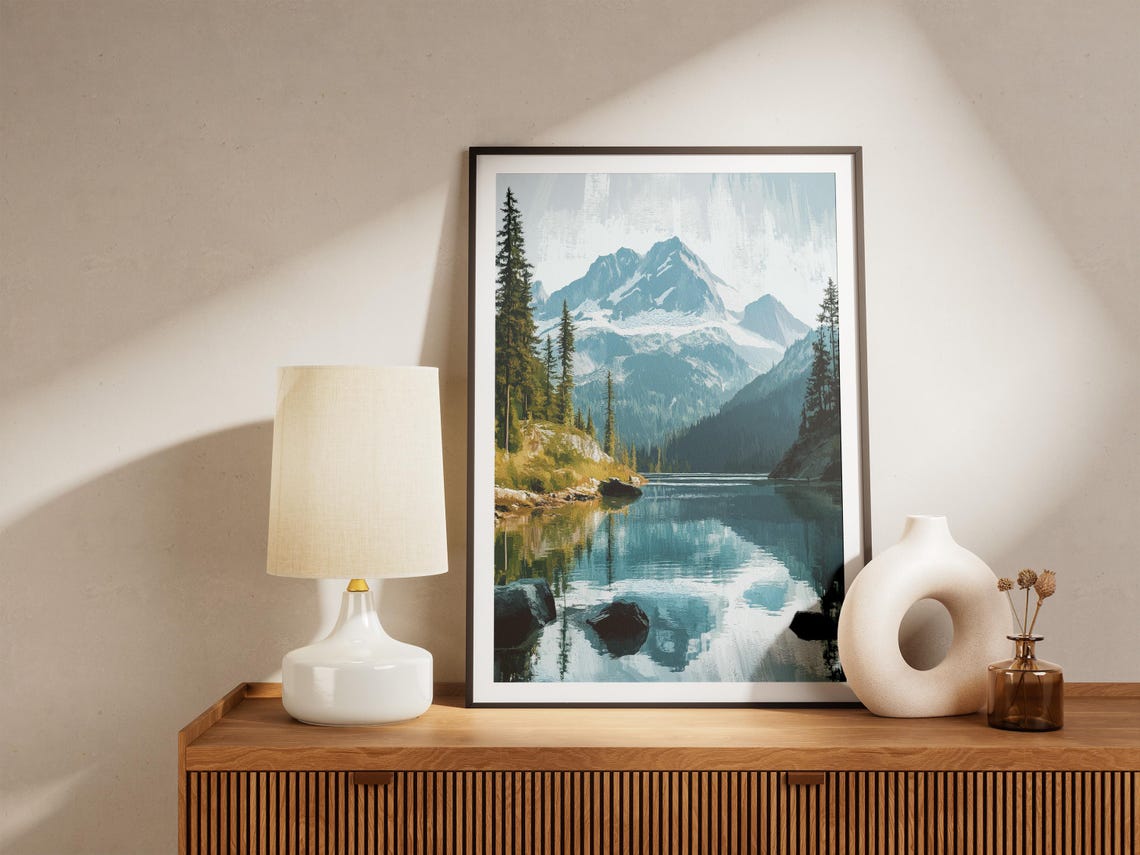 Alpine Lake Mountain Reflection Tall Pine Forest Serene Poster - Image 4