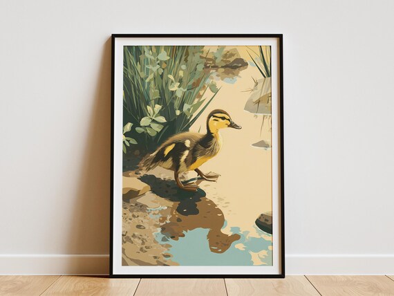 Duckling Waddling by Pond Edge Reeds Vintage Nature Wildlife Poster