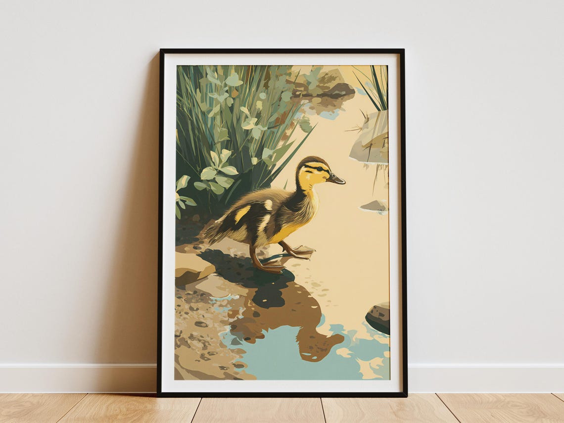 Duckling Waddling by Pond Edge Reeds Vintage Nature Wildlife Poster