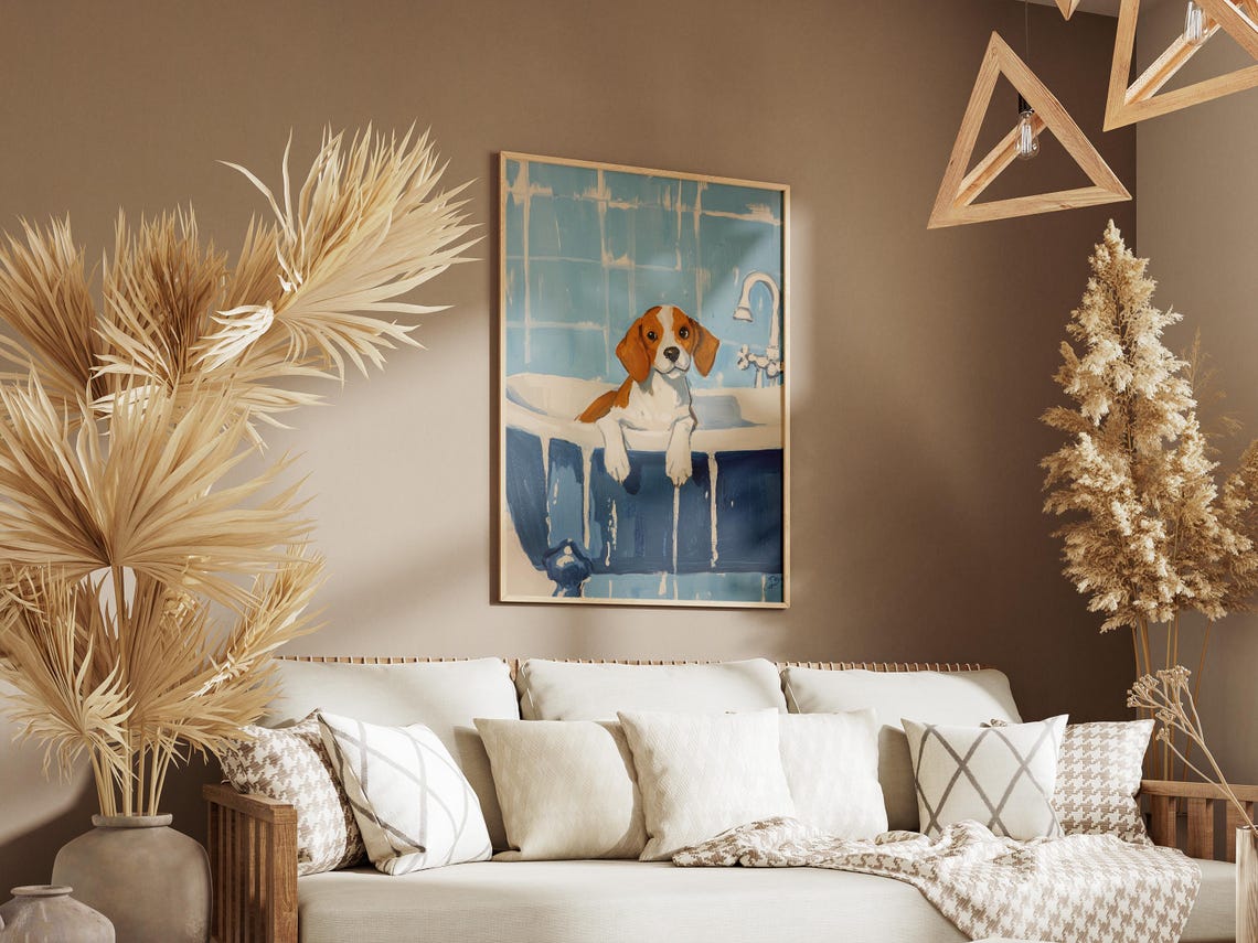 Tiny Beagle Puppy Peeking Over a Vintage Blue Clawfoot Tub Poster - Image 3
