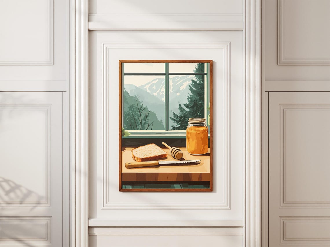 Honey Jar Dipper Bread Mountain Window Cottage Still Life Poster - Image 2