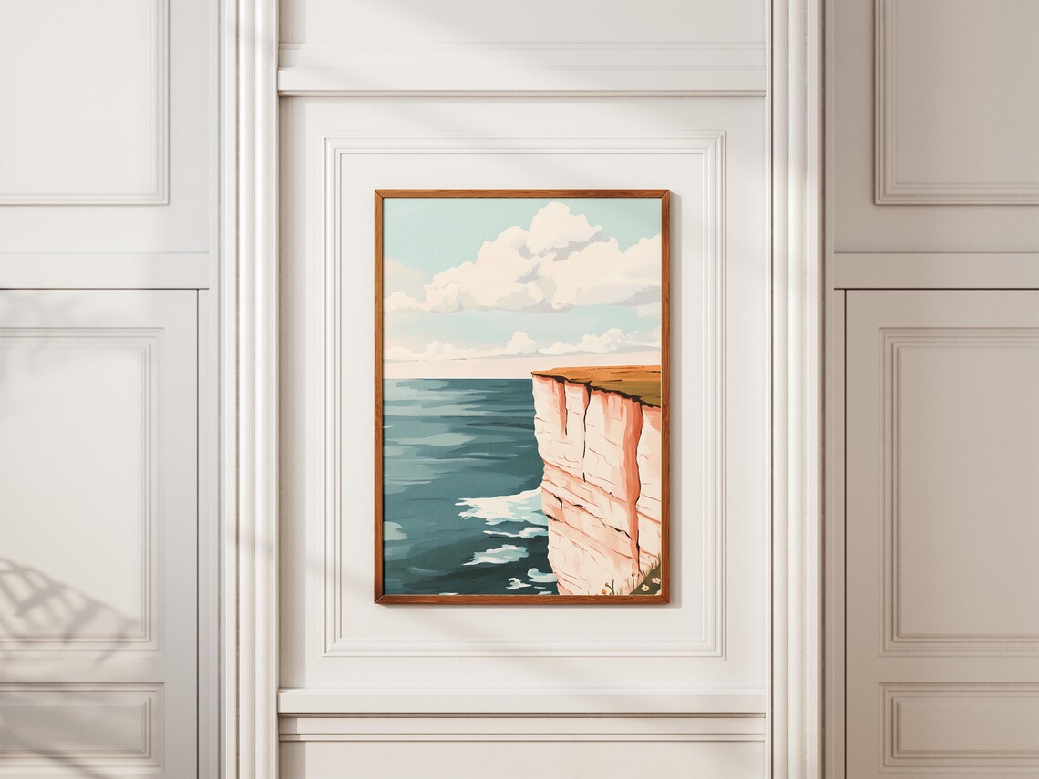 White Coastal Cliffs Over Teal Ocean Minimal Seascape Art Poster - Image 2