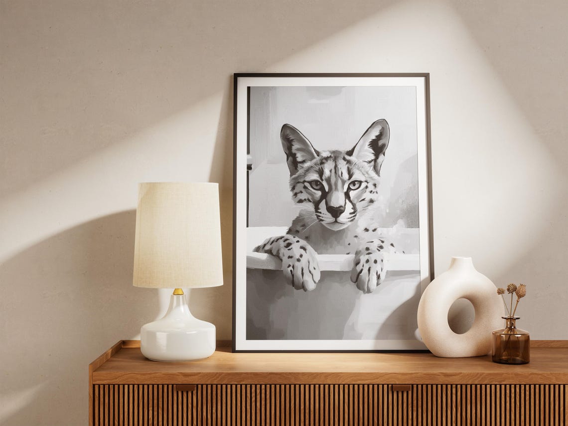 Serval Cat In Bathtub Poster Spotted Wild Cat Bathroom Wall Decor - Image 4