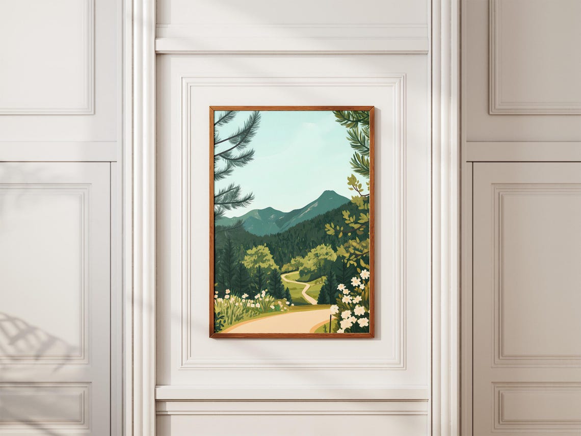 Winding Forest Road Valley Wildflowers Daytime Landscape Poster - Image 2