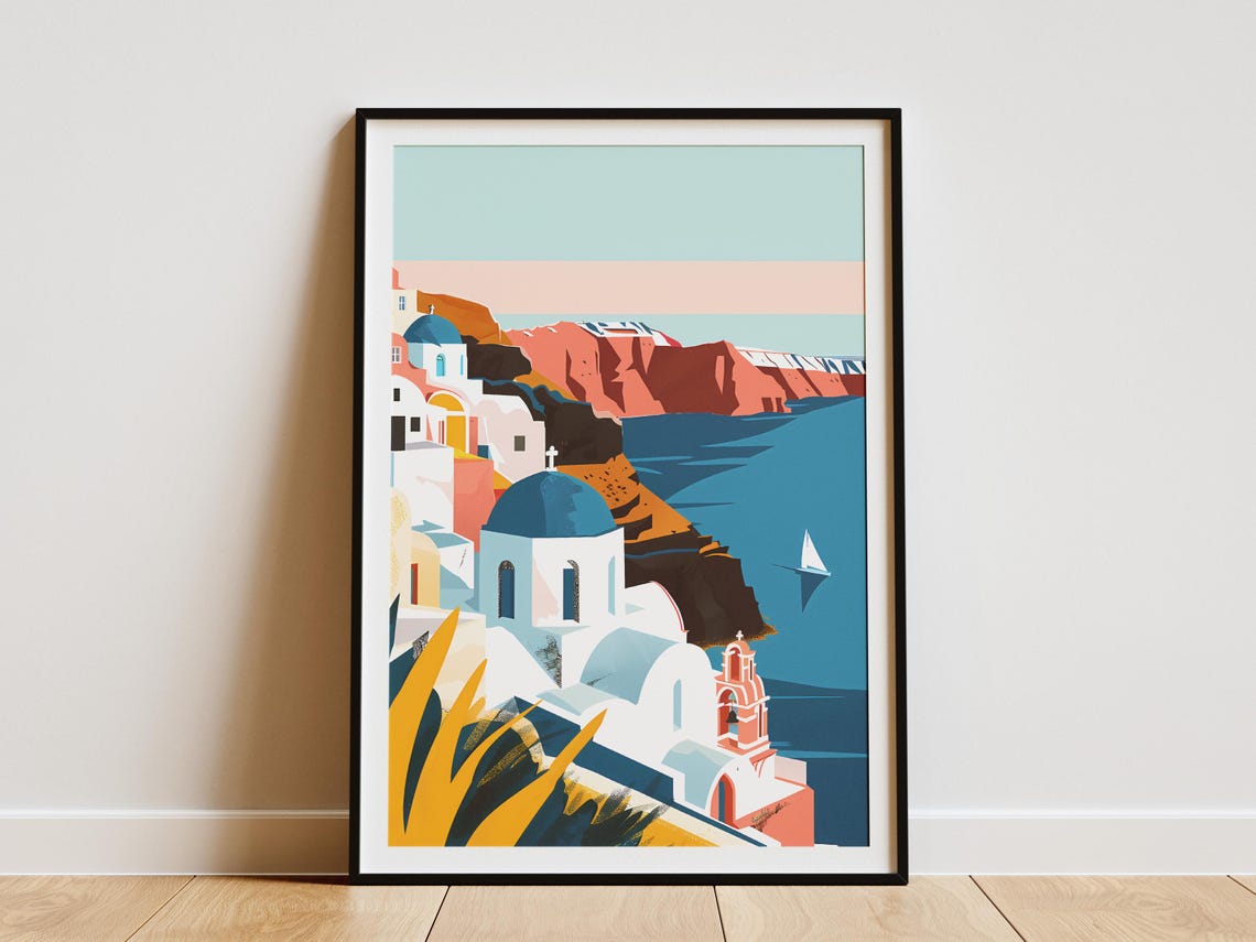 Whitewashed Village Blue Dome Churches Seaside Cliffs Travel Poster