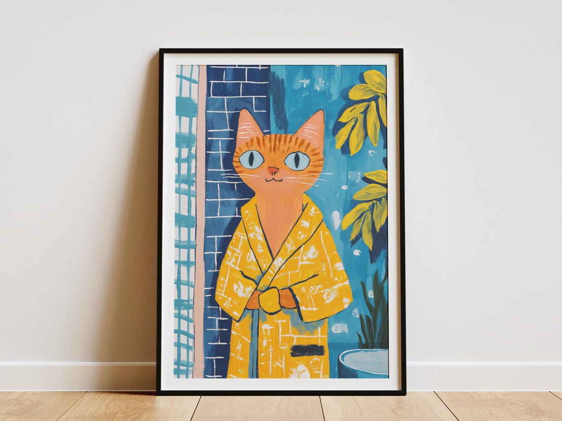 Abyssinian Cat Bathrobe Poster Bathroom Art Print Funny Lover Gift Pet Portrait Wall Decor Modern Paper