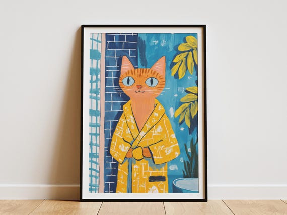 Abyssinian Cat Bathrobe Poster Bathroom Art Print Funny Lover Gift Pet Portrait Wall Decor Modern Paper