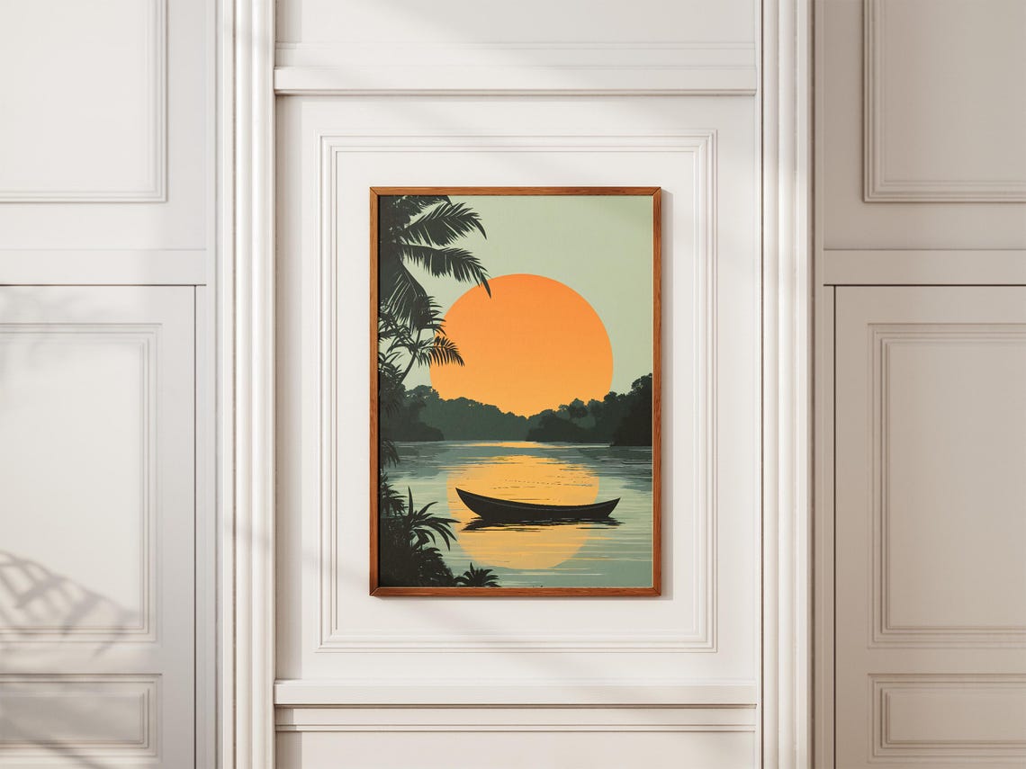 Sunset River Canoe Palm Trees Silhouette Tropical Nature Poster - Image 2