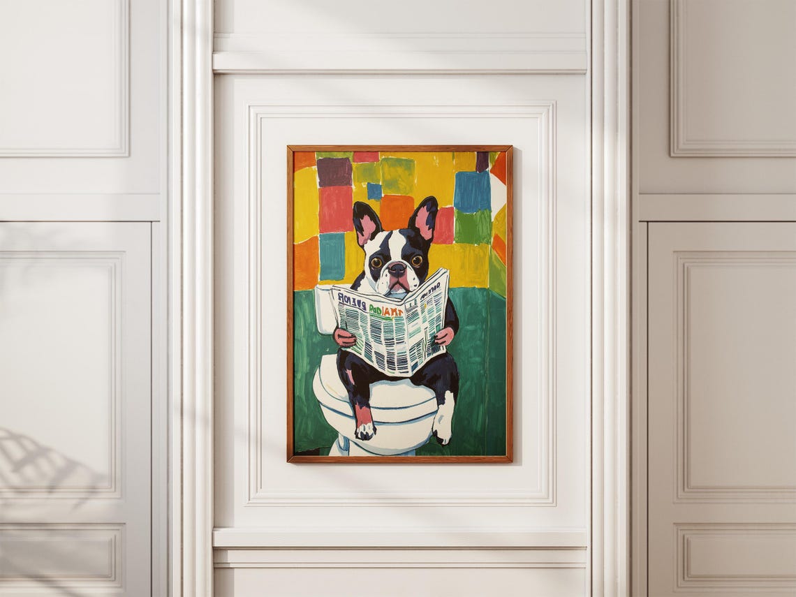 Boston Terrier Reading Newspaper On Toilet Colorful Fun Dog Poster - Image 2