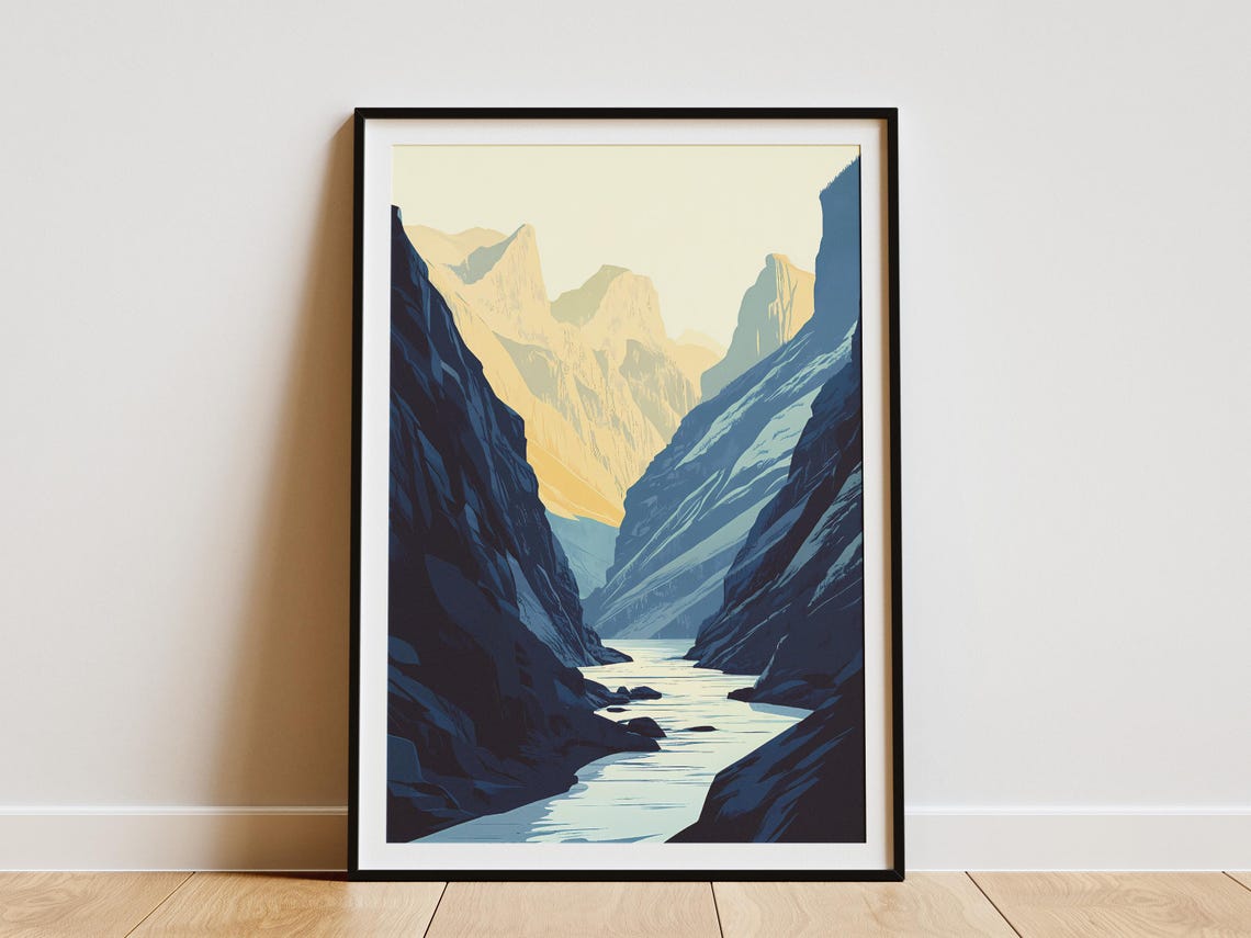 Dramatic Mountain Canyon River Golden Light Minimalist Art Poster