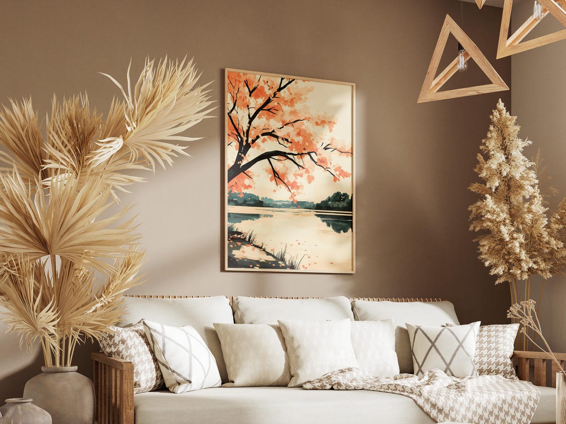 Blooming Peach Blossom Tree Over Still Lake In Spring Landscape Poster - Image 3