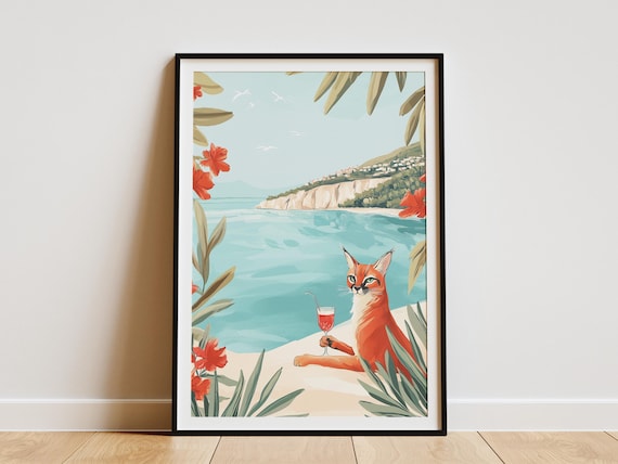 Caracal Cat Cocktail Seaside Hibiscus Flowers Relaxation Poster