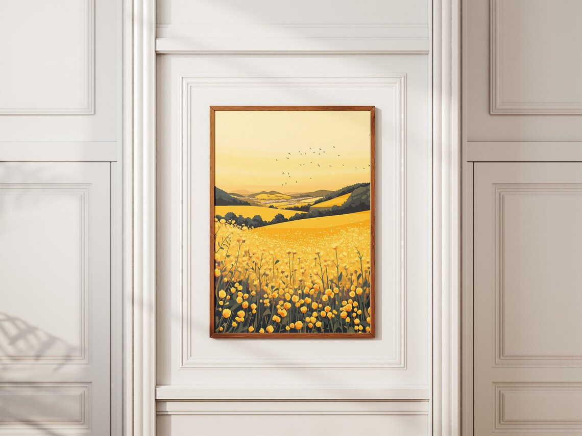 Mustard Flower Field Sunset Landscape, Farmhouse Art Print - Image 2