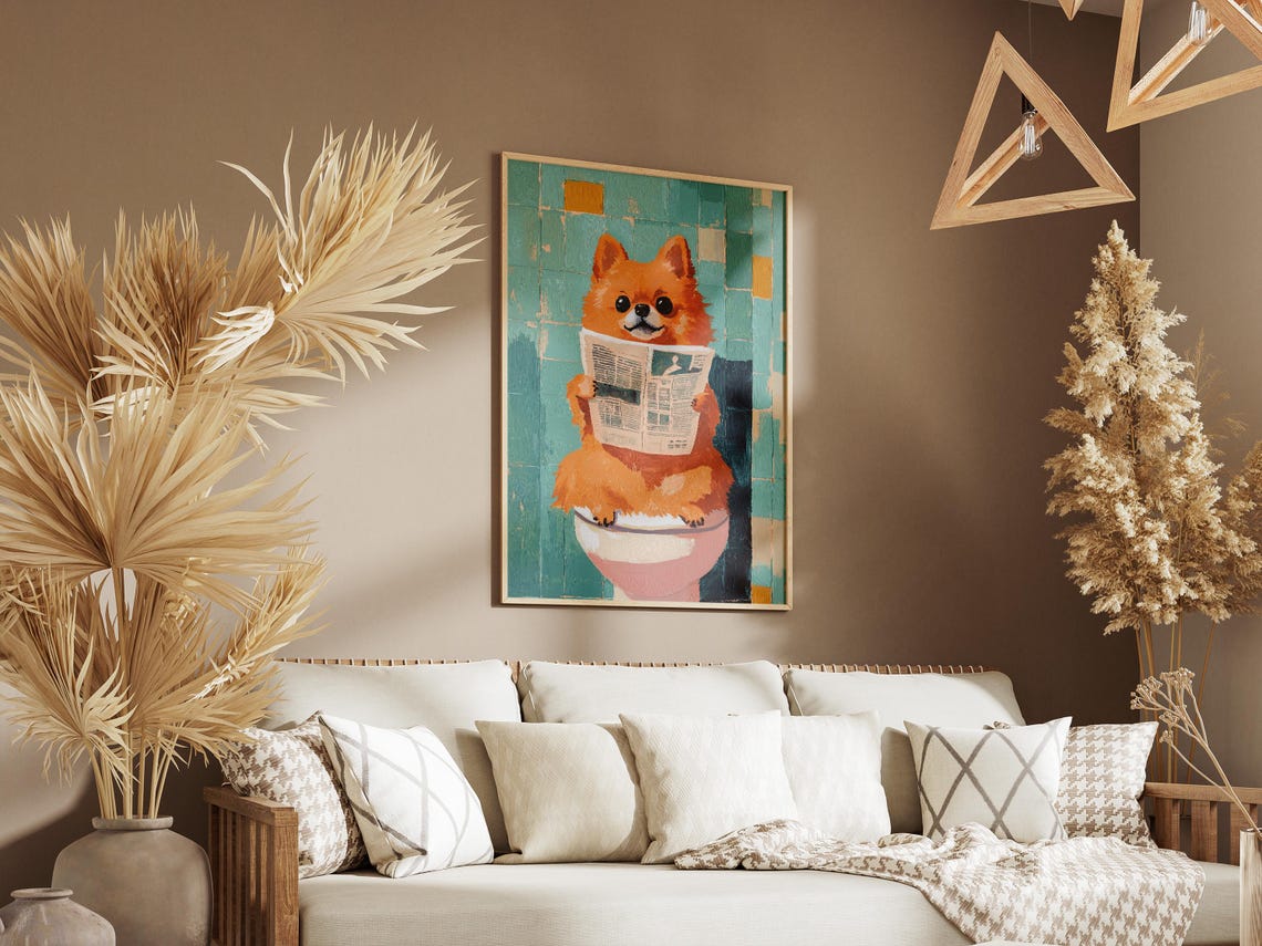 Fluffy Pomeranian Reading Newspaper on Toilet Funny Dog Art Poster - Image 3