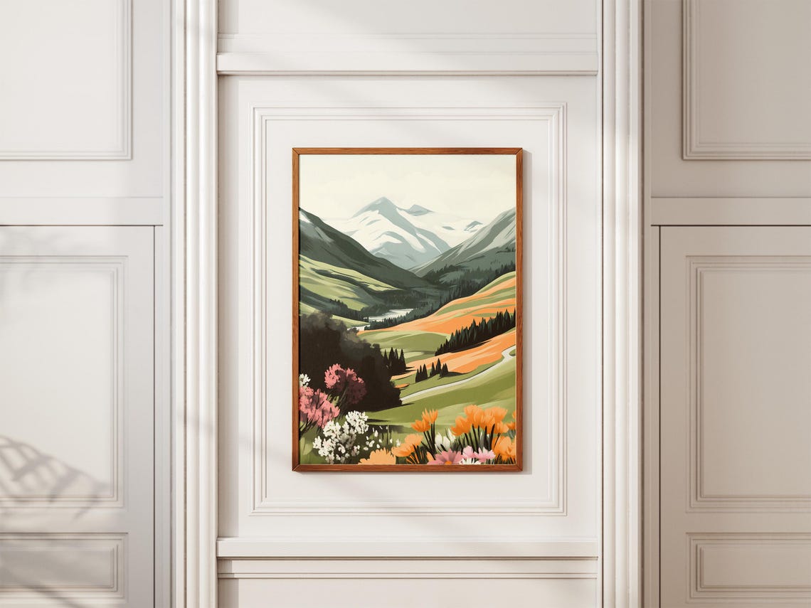 Wildflower Valley Snow Capped Mountain Vista Landscape Art Poster - Image 2