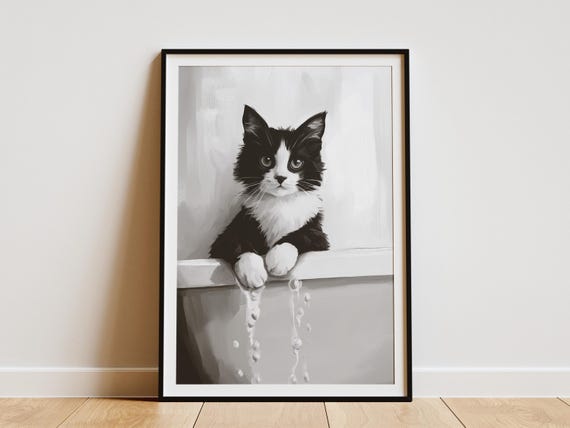 British Shorthair Cat In Bathtub Poster Black And White Print Pet Portrait Wall Art Cute Bubble Bath Funny Bathroom Decor