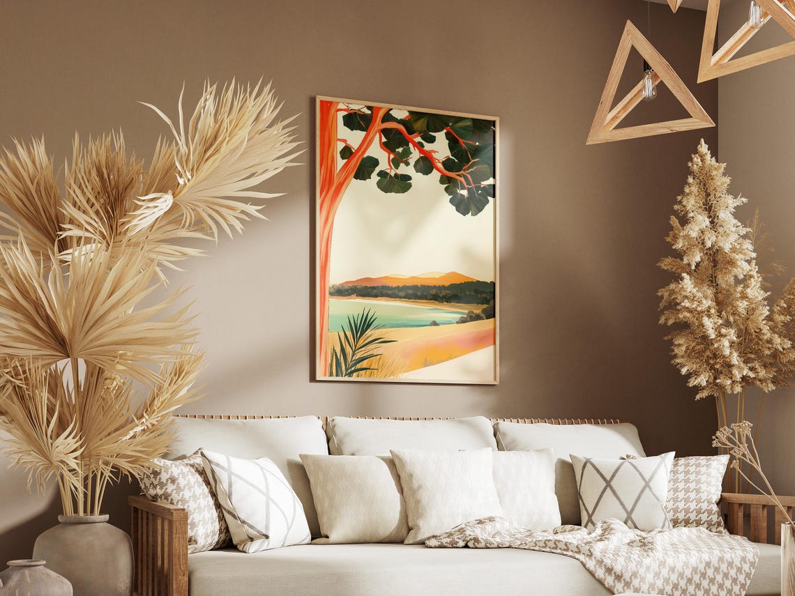 Golden Sunset Beach Cove Framed by Tree Branches Scenic Poster - Image 3