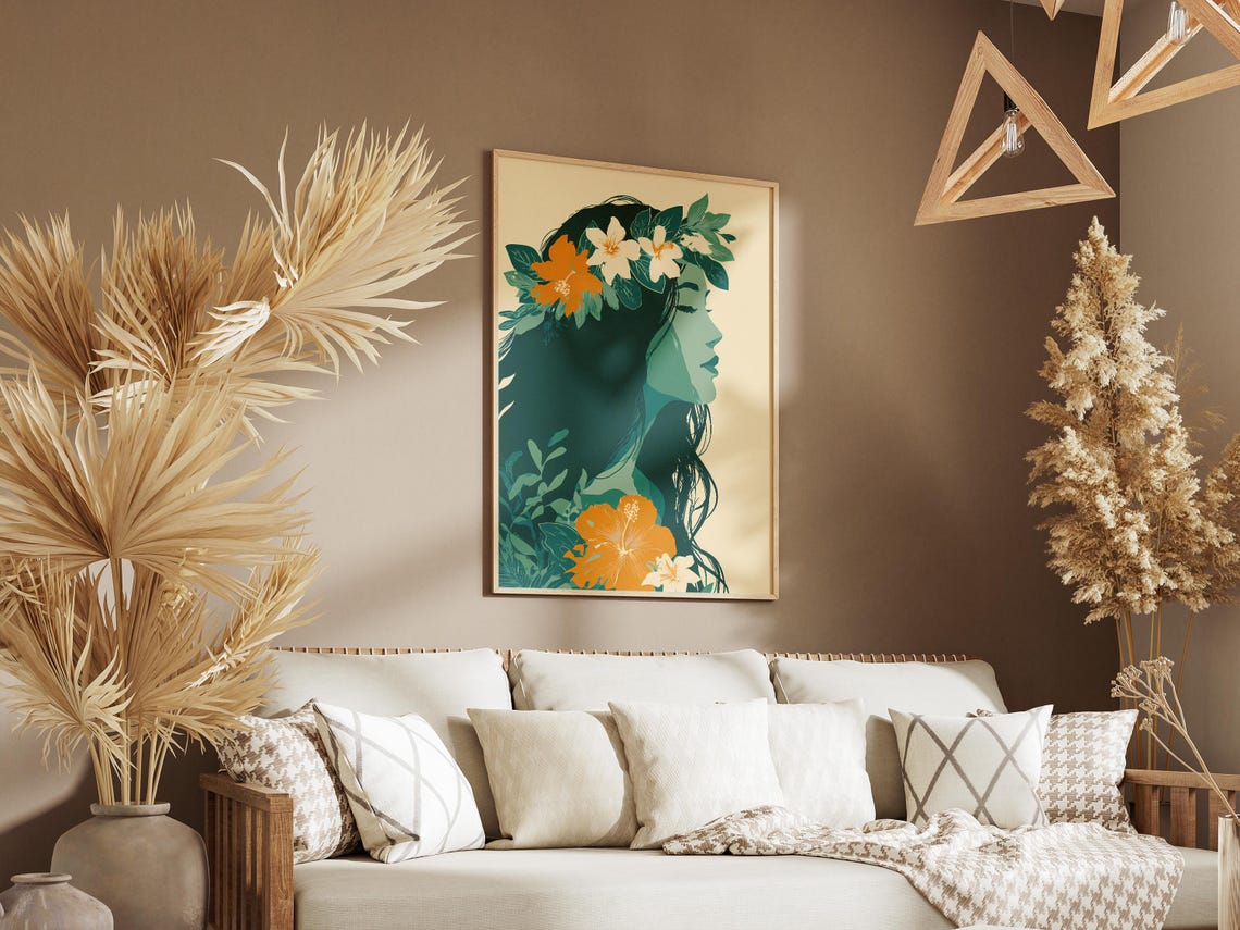 Tropical Woman Profile with Hibiscus Flowers Boho Art Poster - Image 3