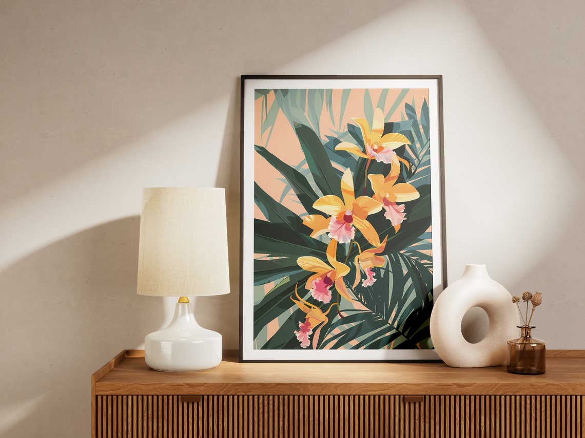 Yellow Orchid Tropical Flowers Botanical Illustration Art Poster - Image 2