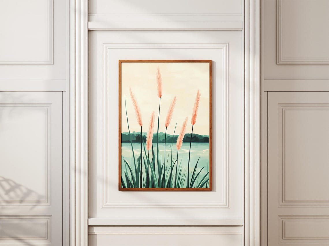 Tall Pink Pampas Grass Swaying Over a Still Lakeside Morning Poster - Image 2