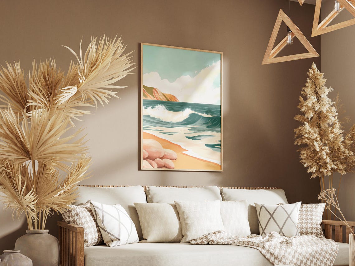 Pebble Shore Rolling Teal Waves Distant Headland Beach Art Poster - Image 3