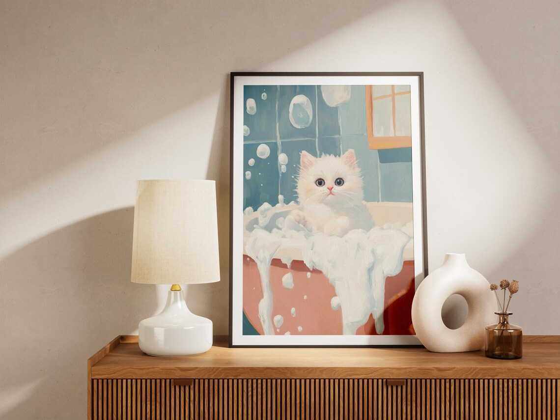 White Kitten In Foamy Bubble Bath Poster Cute Pet Art For Bathroom Decor - Image 4