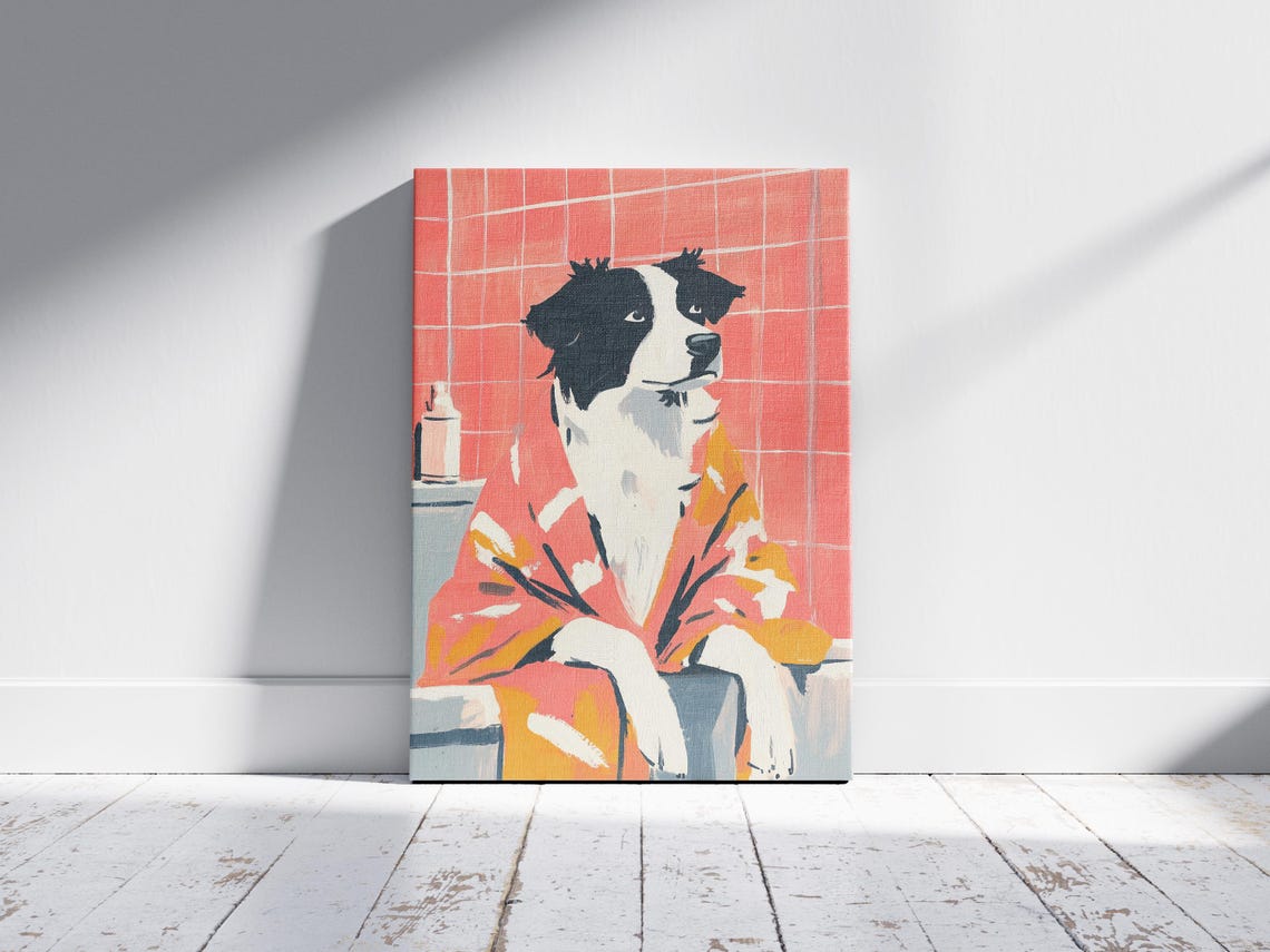 Dog in a Bathrobe Sitting by the Tub Funny Pet Decor Art Poster - Image 2
