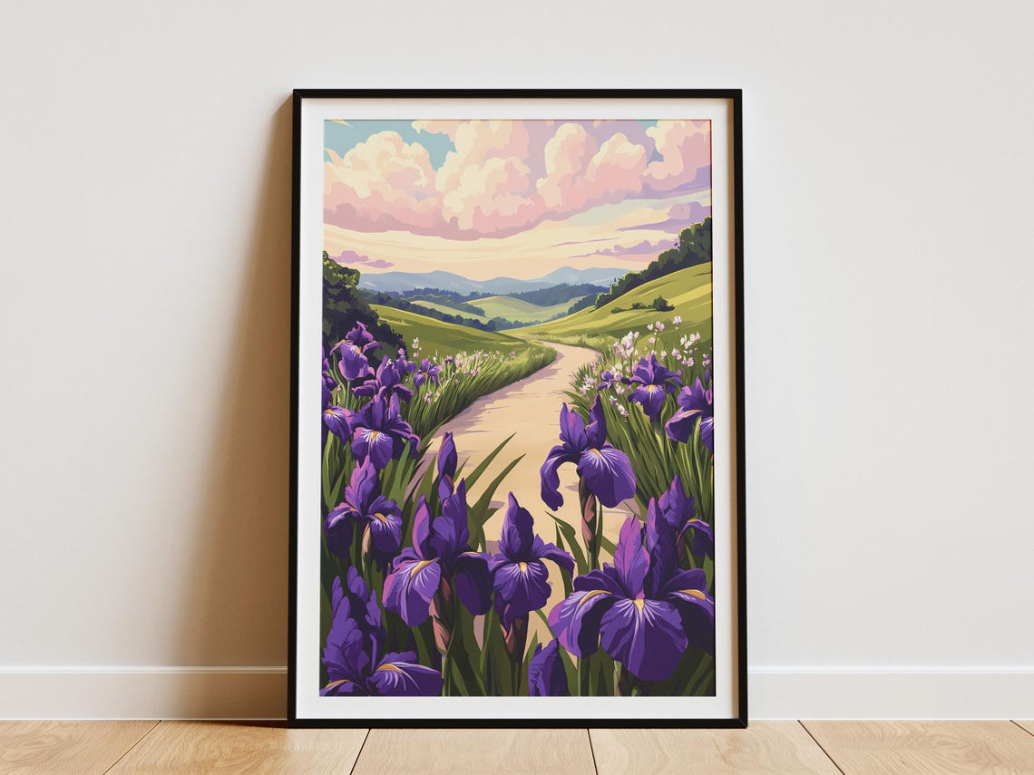 Purple Irises Lining a Country Road Through Green Hills Poster