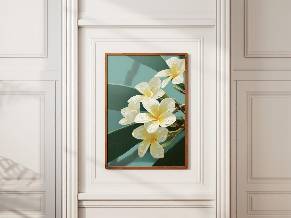 Plumeria Flower White Blossom Dew Drops Tropical Botanical Art Poster - Image 2