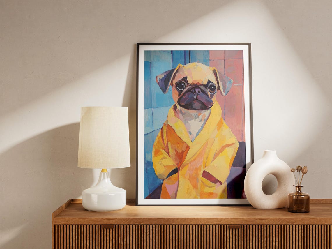 Pug Puppy in Yellow Bathrobe Expressive Portrait Bath Art Poster - Image 4
