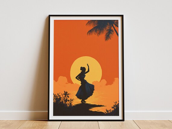 Hula Dancer Silhouette Big Sun Orange Sunset Tropical Art Poster