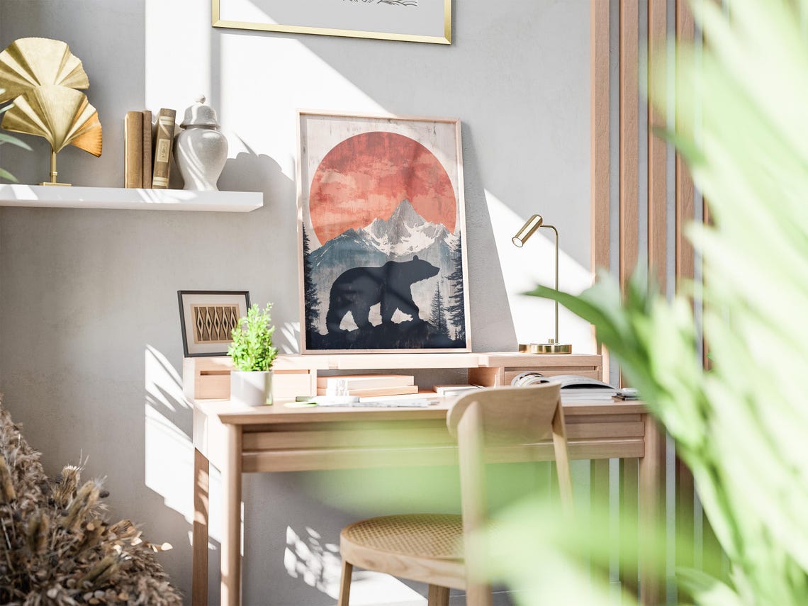 Bear Silhouette Under a Red Sun Snowy Mountain Landscape Poster - Image 2
