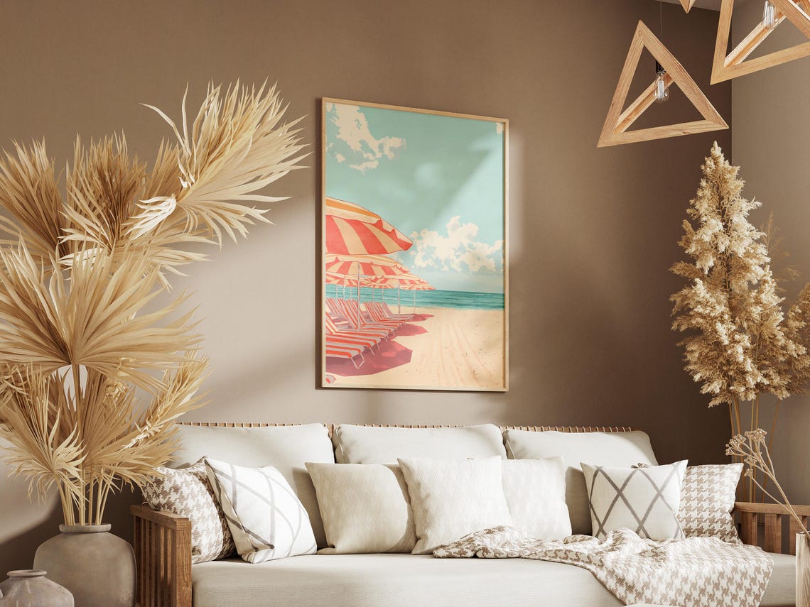 Striped Red Beach Umbrellas in a Row on a Sunny Shore Poster - Image 3