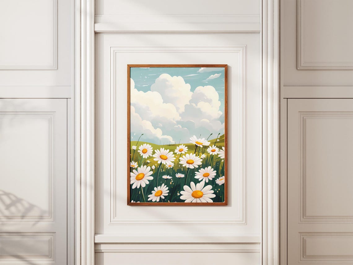 White Daisy Meadow Under Big Puffy Summer Clouds Sky Art Poster - Image 2
