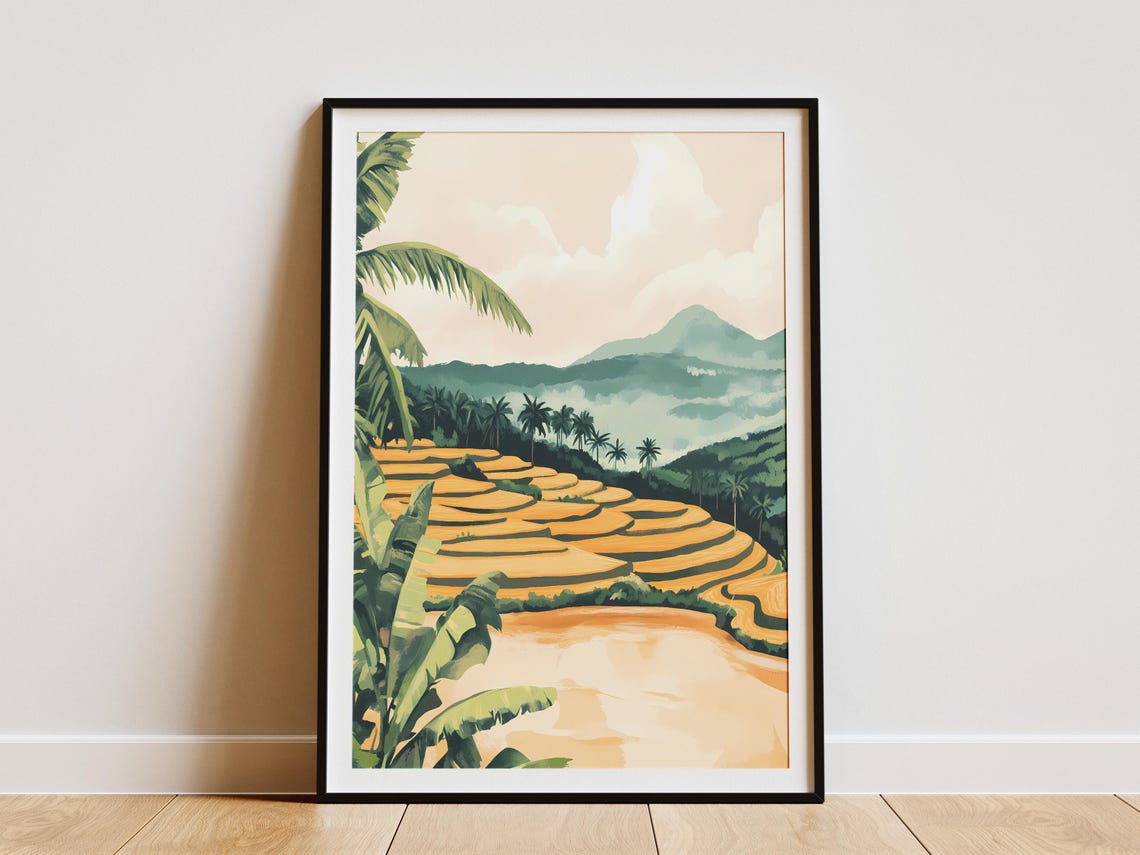 Golden Rice Terraces With Palm Trees Tropical Landscape Poster