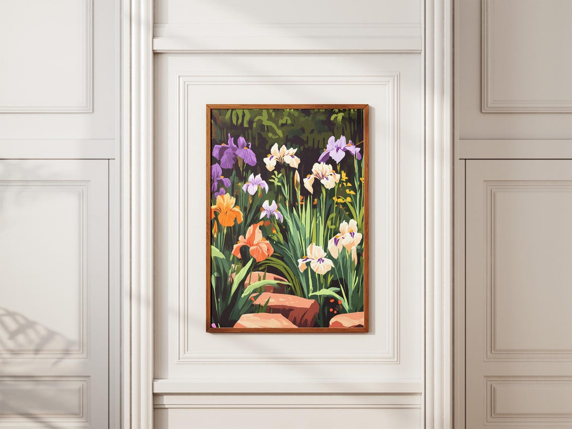 Multicolor Iris Garden Bed Poster With Purple White and Orange Blooms - Image 2