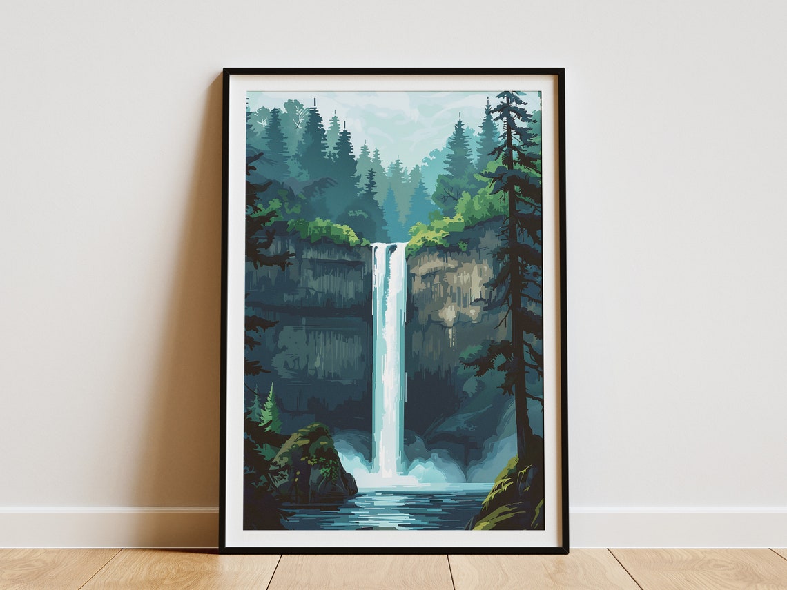 Tall Forest Waterfall Plunging Between Evergreen Pines Nature Print