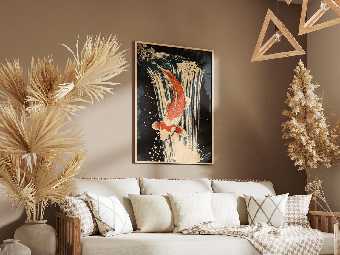 Red and White Koi Fish Leaping Up a Dark Waterfall Art Poster - Image 3