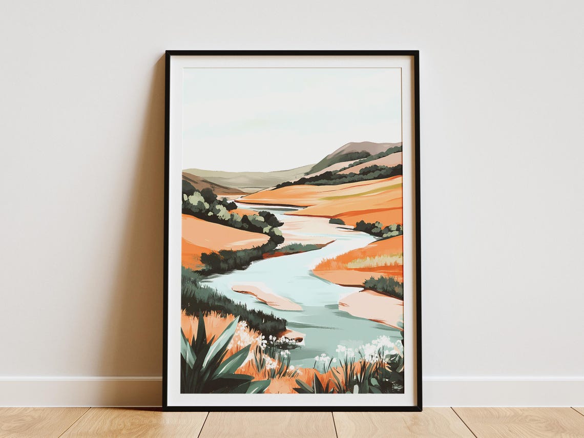 Winding River Through Orange Rolling Hills Abstract Art Poster