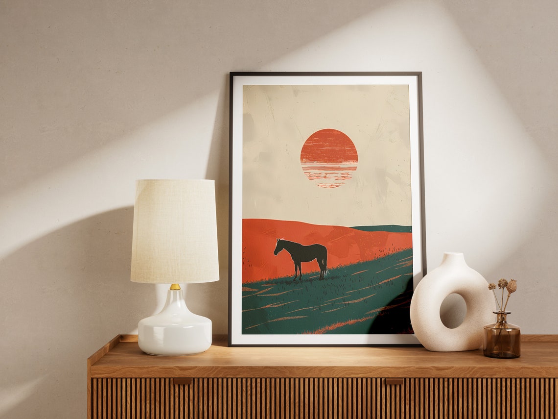 Horse Silhouette Sunset Minimalist Japandi Red Sun Prairie Poster - Image 2