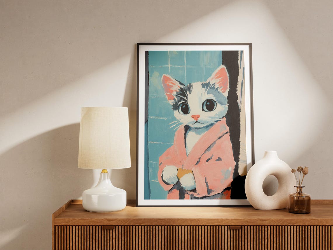 Tuxedo Kitten Pink Bathrobe Big Eyes Cute Nursery Cat Poster - Image 4