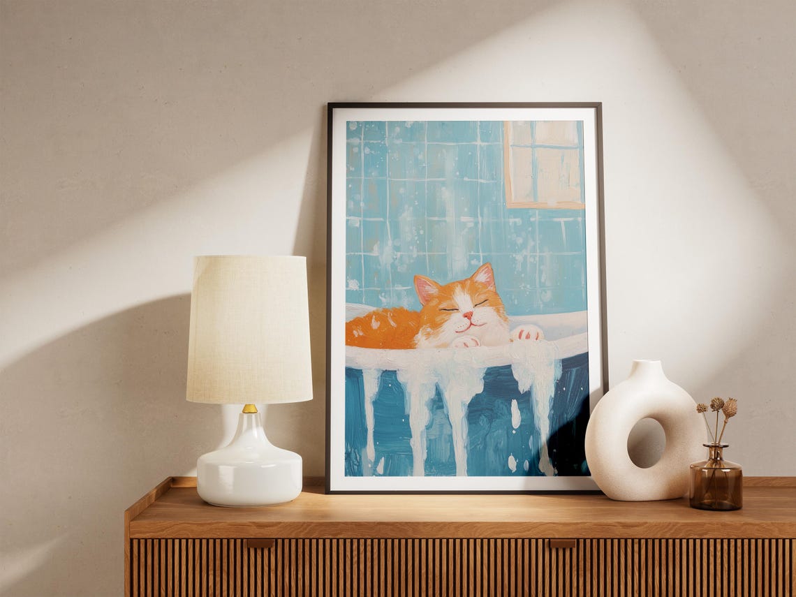 Orange Cat Sleeping in Foamy Blue Tub Peaceful Bath Cute Cat Poster - Image 4