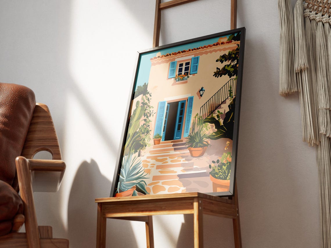 Sunny Mediterranean Villa with Blue Shutters Travel Art Poster - Image 3