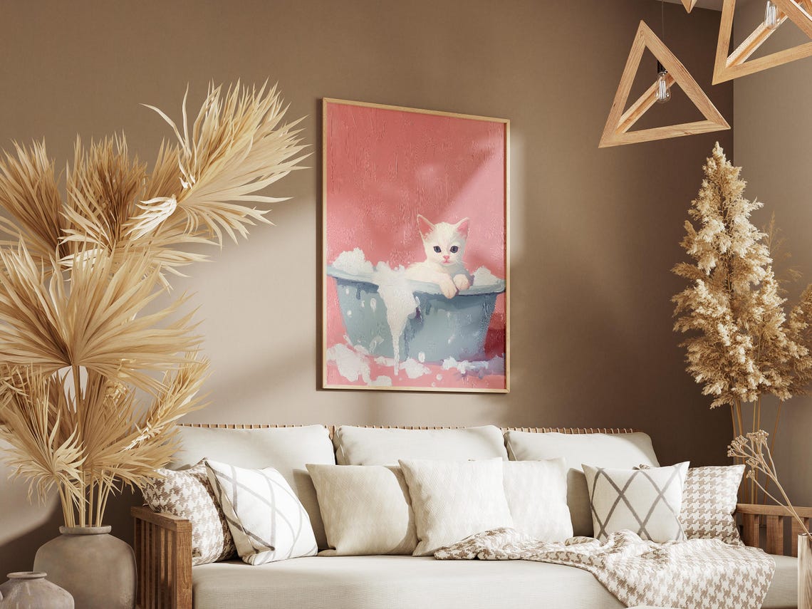 Tiny White Kitten in Foamy Gray Tub Soft Blush Pink Art Poster - Image 3