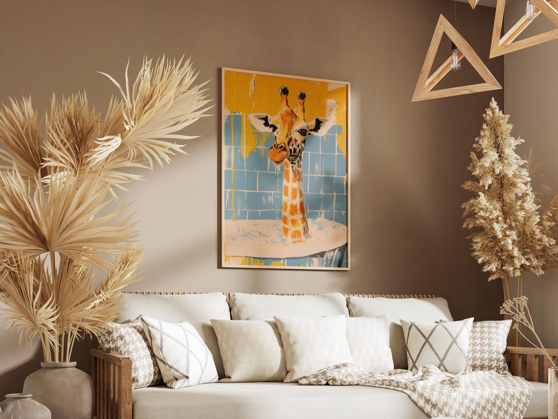 Whimsical Giraffe In Bathtub Yellow Blue Graphic Bathroom Poster - Image 3